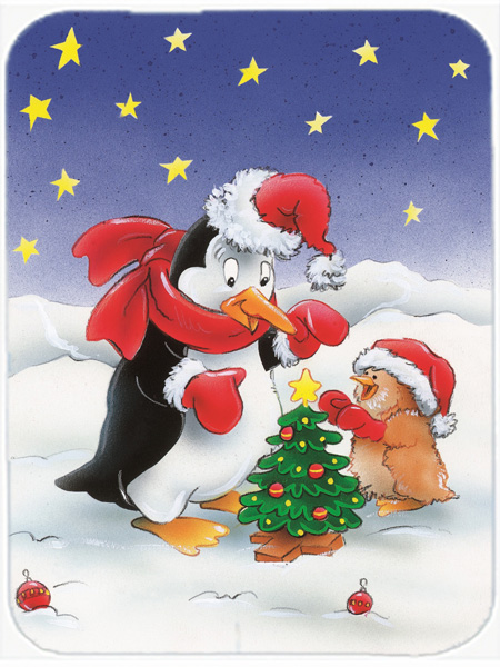Picture of Carolines Treasures AAH7203LCB Penguin & Robin with Christmas Tree Glass Large Cutting Board