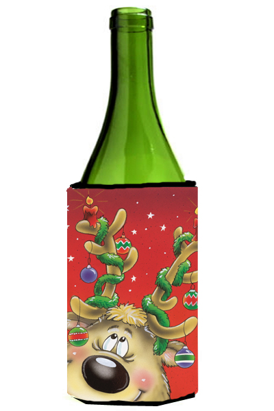 Picture of Carolines Treasures AAH7206LITERK Comic Reindeer with Decorated Antlers Wine Bottle Can cooler Hugger