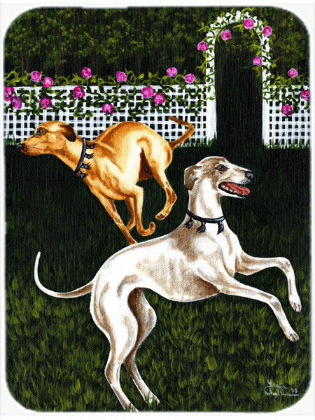 Picture of Carolines Treasures AMB1354LCB Rose Garden Frolick Greyhounds Glass Large Cutting Board