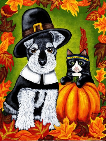 Thanksgiving Friends Schnauzer Flag Garden Size