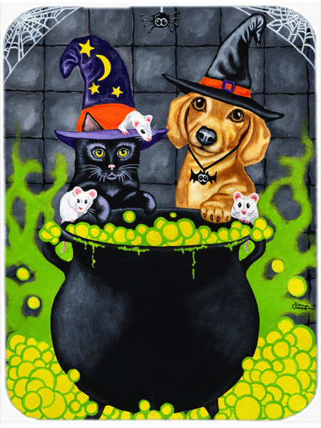 Picture of Carolines Treasures AMB1434LCB Brewing Up Trouble Halloween Dachshund Glass Large Cutting Board