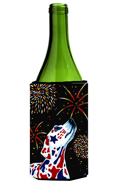 Picture of Carolines Treasures AMB1451LITERK For Our Heros Fireworks Patriotic Dalmatian Wine Bottle Can cooler Hugger