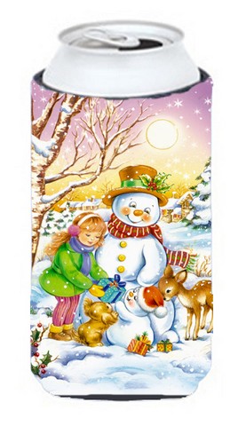 Girl & Animals with Snowman Tall Boy Can cooler Hugger