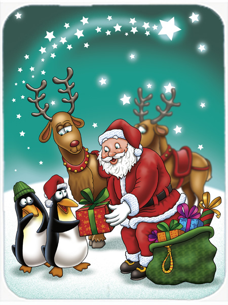 Picture of Carolines Treasures APH3872LCB Santa Claus Christmas with the Penguins Glass Large Cutting Board