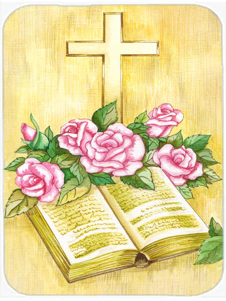 Picture of Carolines Treasures APH4072LCB Easter Cross & Bible with Roses Glass Large Cutting Board