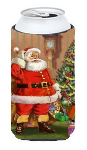 Christmas Santa by the Tree Tall Boy Can cooler Hugger