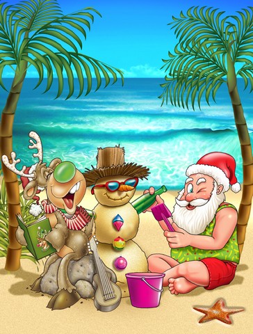 APH5148CHF Beach Christmas Santa Claus & Sandman Flag Canvas House Size