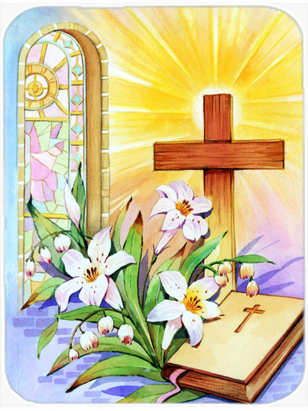 Picture of Carolines Treasures APH5433LCB Easter Cross & Bible in Stain Glass Window Glass Large Cutting Board