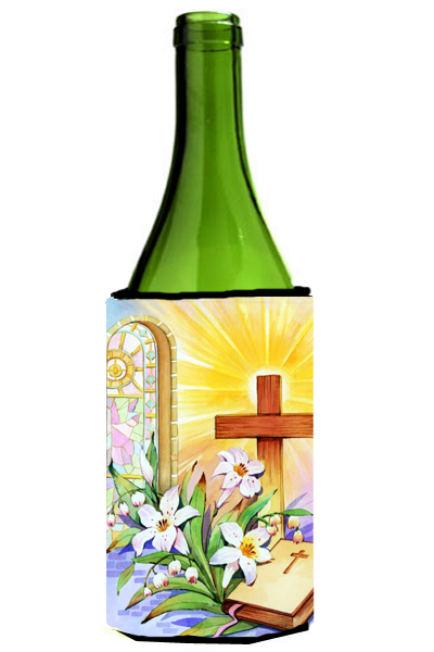 Picture of Carolines Treasures APH5433LITERK Easter Cross &amp; Bible in Stain Glass Window Wine Bottle Can cooler Hugger