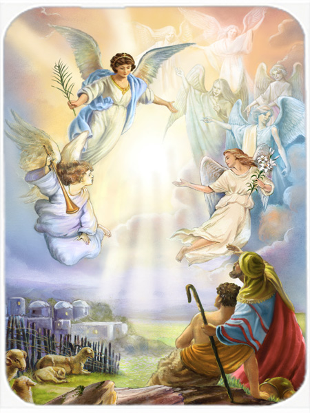 Picture of Carolines Treasures APH5469LCB The Shepherds & Angels Appearing Glass Large Cutting Board