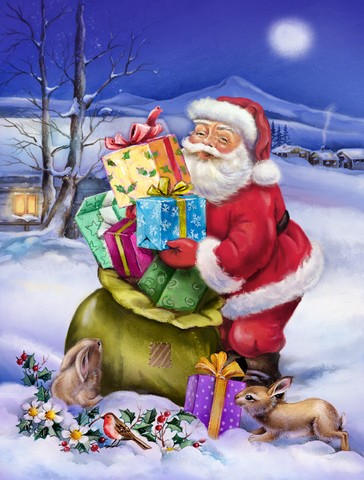 Christmas Santa Claus with Rabbits Flag Canvas House Size