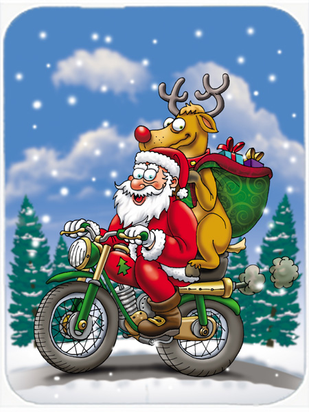 Picture of Carolines Treasures APH8996LCB Christmas Santa Claus on a Motorcycle Glass Large Cutting Board