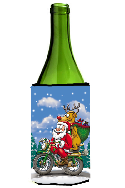 Christmas Santa Claus on a Motorcycle Wine Bottle Can cooler Hugger