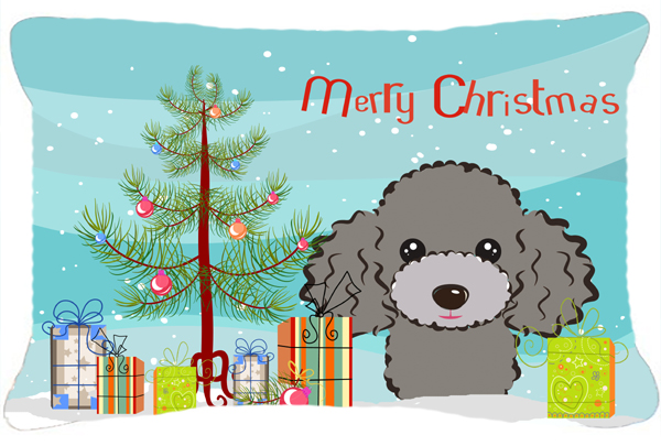 Christmas Tree & Silver Gray Poodle Fabric Decorative Pillow