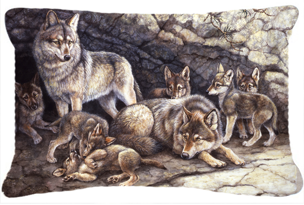 Wolf Wolves by the Den Fabric Decorative Pillow