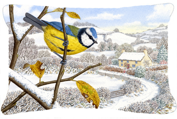 Winter Eurasian Blue Tit Fabric Decorative Pillow