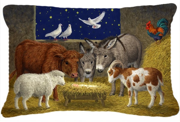 Animals at Crib Nativity Christmas Scene Fabric Decorative Pillow
