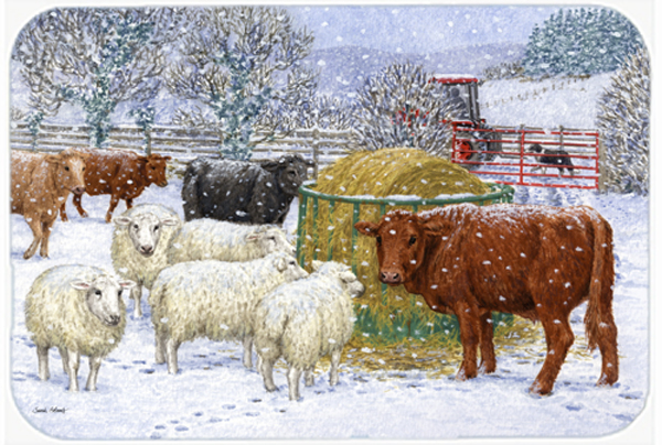 Picture of Carolines Treasures ASA2207LCB Cows & Sheep in the Snow Glass Large Cutting Board