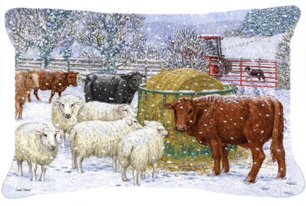 Cows & Sheep in the Snow Fabric Decorative Pillow