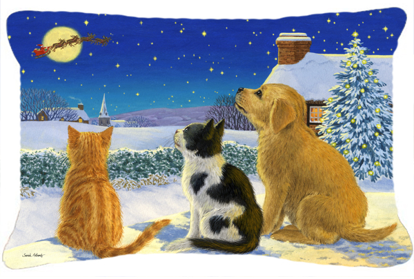 Golden Retriever & Kittens Watching Santa Fabric Decorative Pillow