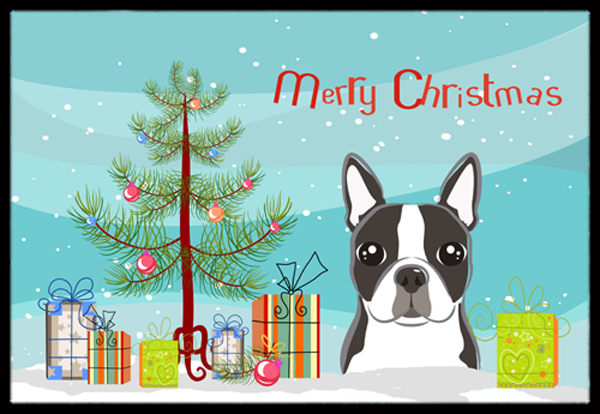 Christmas Tree & Boston Terrier Indoor or Outdoor Mat - 24 x 36