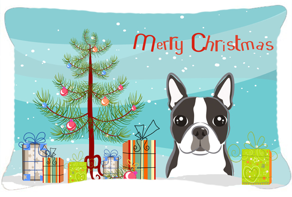 Christmas Tree & Boston Terrier Fabric Decorative Pillow