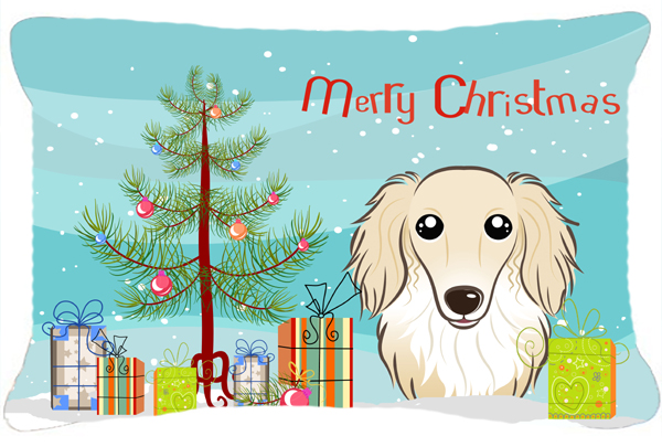 Christmas Tree & Longhair Creme Dachshund Fabric Decorative Pillow