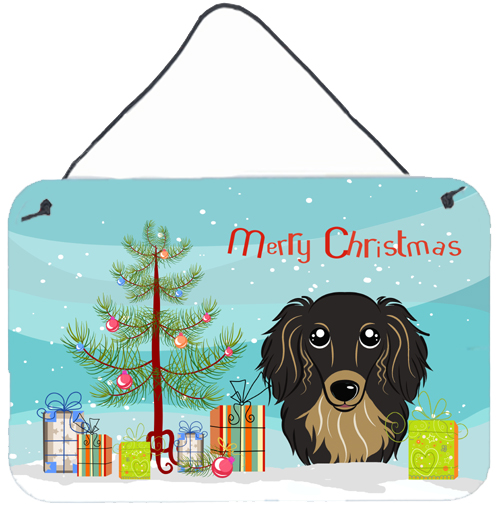 Christmas Tree & Longhair Black & Tan Dachshund Wall or Door Hanging Prints