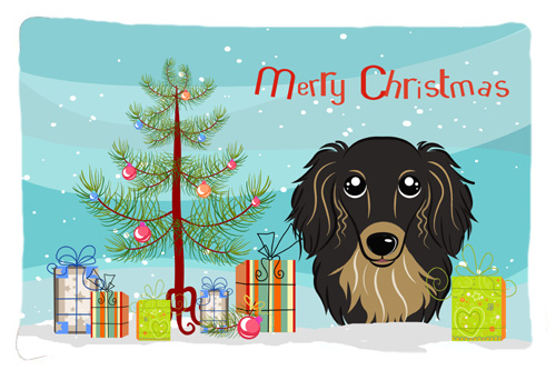 Christmas Tree & Longhair Black & Tan Dachshund Fabric Standard Pillowcase