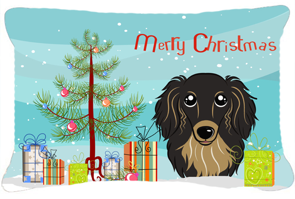 Christmas Tree & Longhair Black & Tan Dachshund Fabric Decorative Pillow