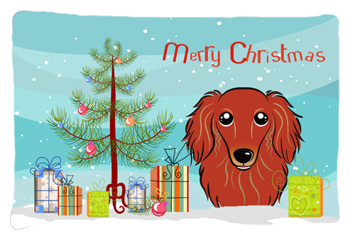 BB1586PILLOWCASE Christmas Tree & Longhair Red Dachshund Fabric Standard Pillowcase
