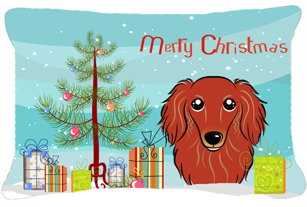 Christmas Tree & Longhair Red Dachshund Fabric Decorative Pillow