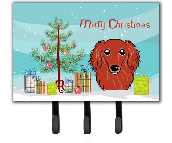 BB1586TH68 Christmas Tree & Longhair Red Dachshund Leash or Key Holder
