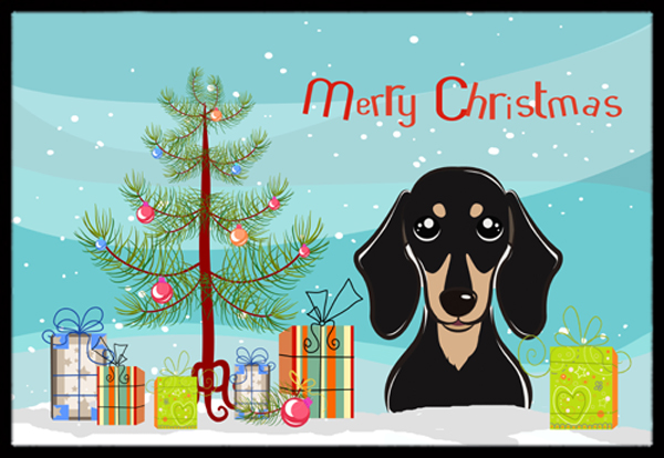 Christmas Tree & Smooth Black & Tan Dachshund Indoor or Outdoor Mat- 24 x 36