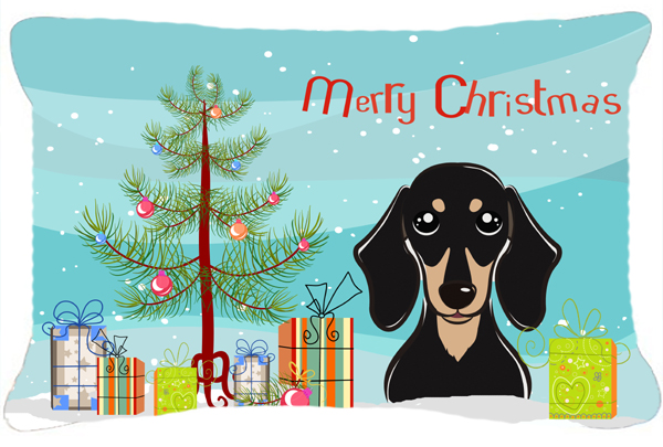 Christmas Tree & Smooth Black & Tan Dachshund Fabric Decorative Pillow