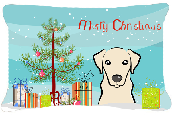 BB1594PW1216 Christmas Tree & Yellow Labrador Fabric Decorative Pillow