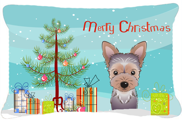 Christmas Tree & Yorkie Puppy Fabric Decorative Pillow