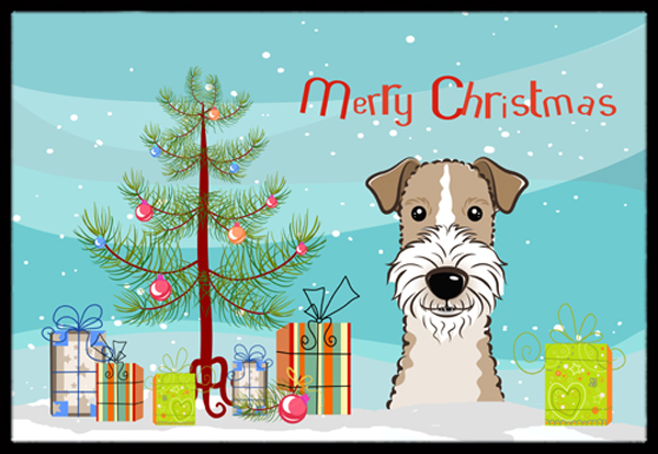 Christmas Tree & Wire Haired Fox Terrier Indoor or Outdoor Mat- - 18 x 27