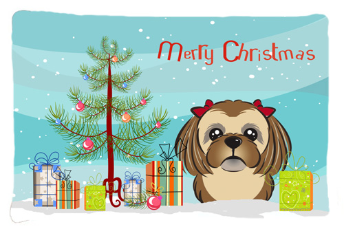 BB1621PILLOWCASE Christmas Tree & Chocolate Brown Shih Tzu Fabric Standard Pillowcase