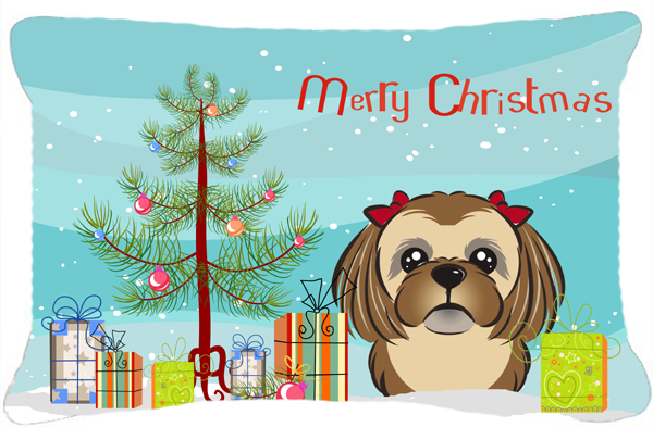 Christmas Tree & Chocolate Brown Shih Tzu Fabric Decorative Pillow