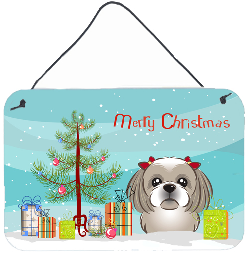Christmas Tree & Gray Silver Shih Tzu Wall or Door Hanging Prints