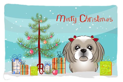 Christmas Tree & Gray Silver Shih Tzu Fabric Standard Pillowcase
