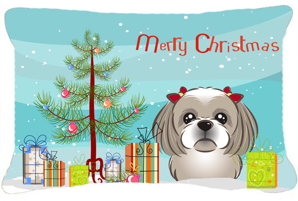 Christmas Tree & Gray Silver Shih Tzu Fabric Decorative Pillow - Gray Silver - 12 x 16 in
