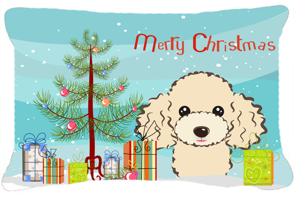 Christmas Tree & Buff Poodle Fabric Decorative Pillow