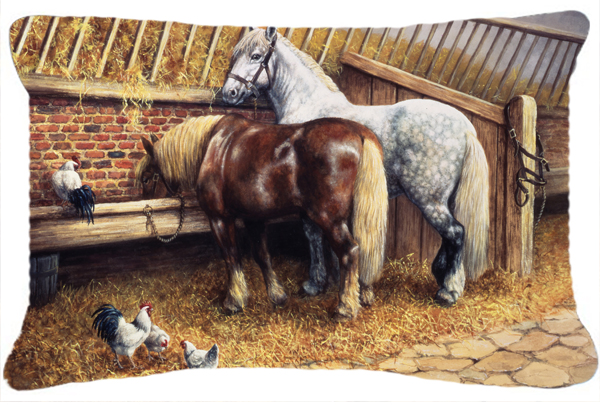 Horses Eating with the Chickens Fabric Decorative Pillow