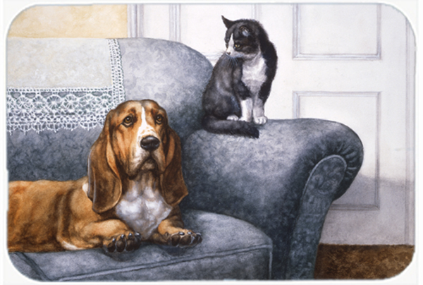 Basset Hound & Cat on Couch Glass Large Cutting Board