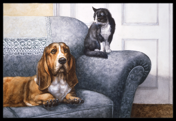 Basset Hound & Cat on Couch Indoor or Outdoor Mat