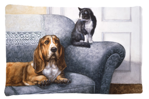 Basset Hound & Cat on Couch Fabric Standard Pillowcase