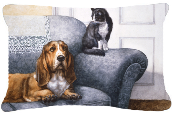 Basset Hound & Cat on Couch Fabric Decorative Pillow