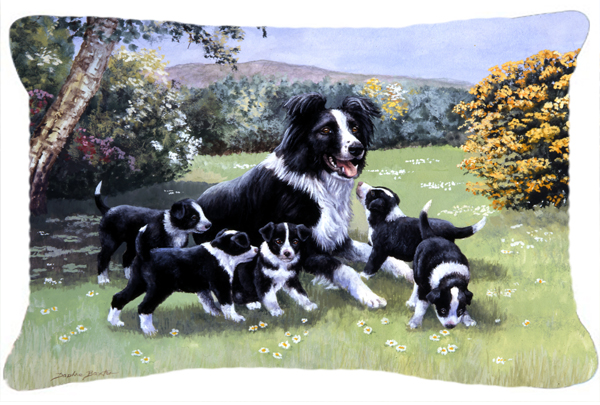 Border Collie Puppies with Momma Fabric Decorative Pillow